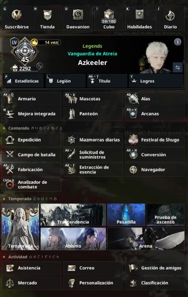 Menú de Aion 2 con sus sistemas