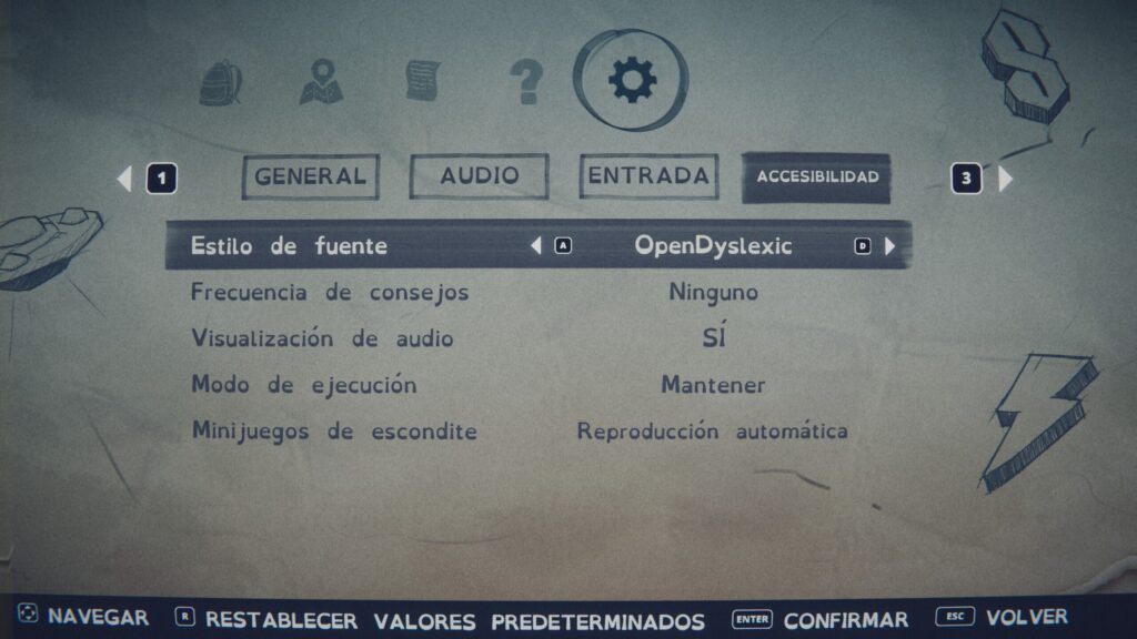 Opciones de accesibilidad de Into the Pit, con la fuente OpenDyslexic