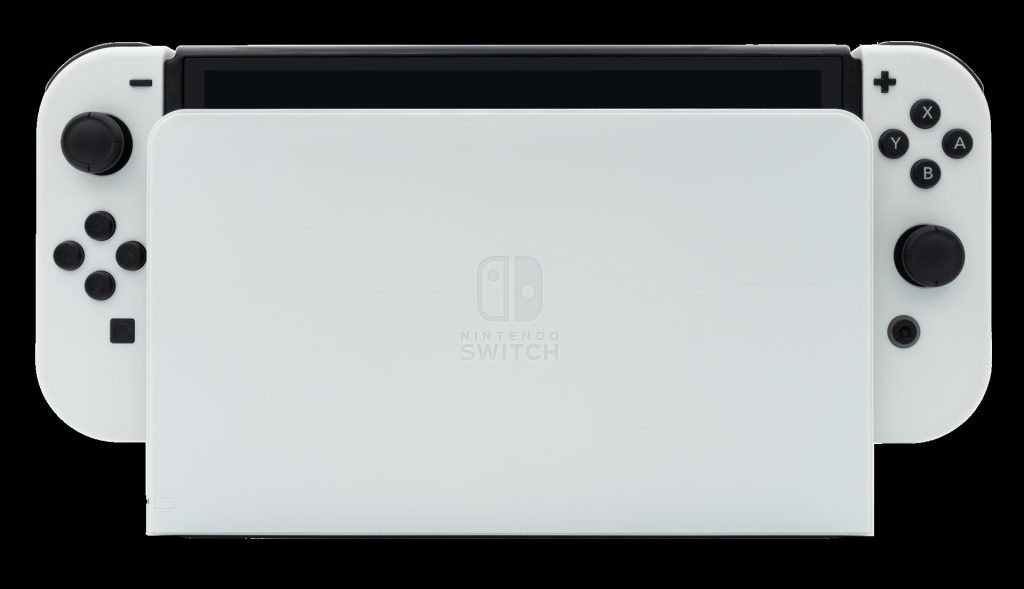 Nintendo Switch modelo OLED blanca colocada en su base