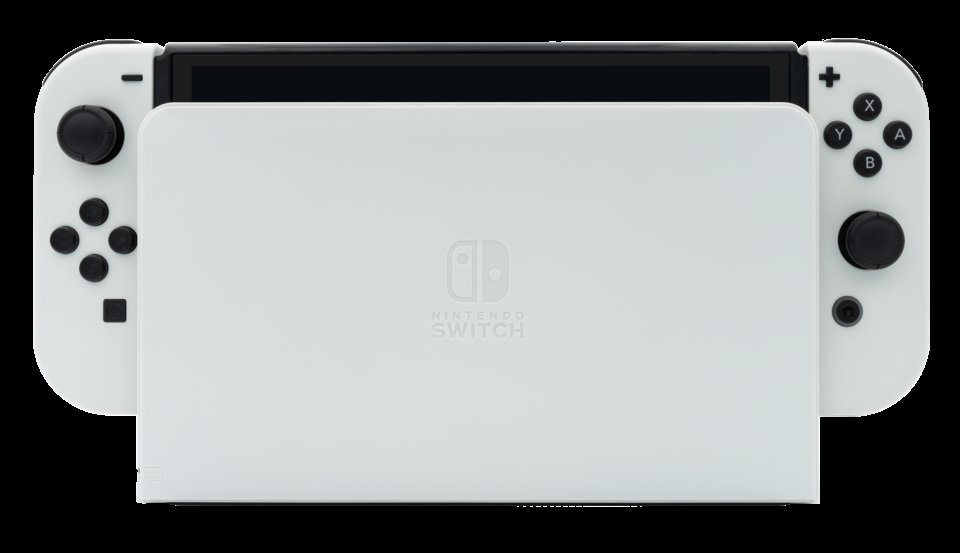 Nintendo Switch modelo OLED blanca colocada en su base